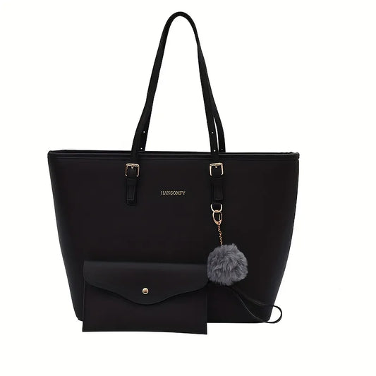 Fashion Bag Women's Leather Zimu Large Bag Fashion One Shoulder Bag, Simple Carrying Large Bag Hairball Hanging Decoration Small Bag, Holdin